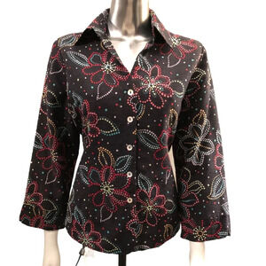 EUC  100% Silk Floral Button Front Jacket Black Size Medium